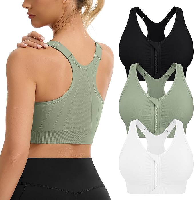 Women's Zip Front Sports Bra Wireless Post-Surgery Bra Active Yoga Sports Bras