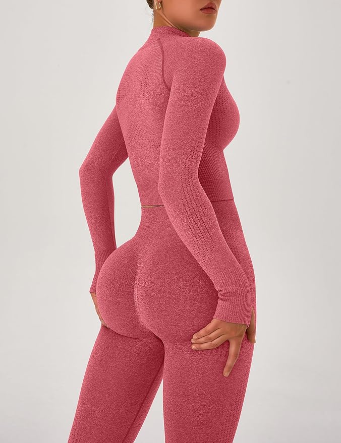 OLCHEE Womens Workout Sets 2 Piece Seamless Yoga Outfits Long Sleeve Zipper Jacket High Waist Leggings Butt Lifting Gym Set