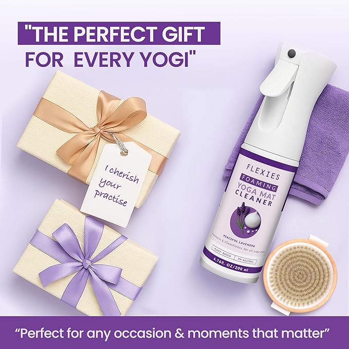 Foaming Yoga Mat Cleaner Spray Kit, Plant Based Non Toxic Mat Cleaner with Brush and Microfiber Cloth, Yoga Essentials for Women and Men, Pilates Mat Care, Lavender