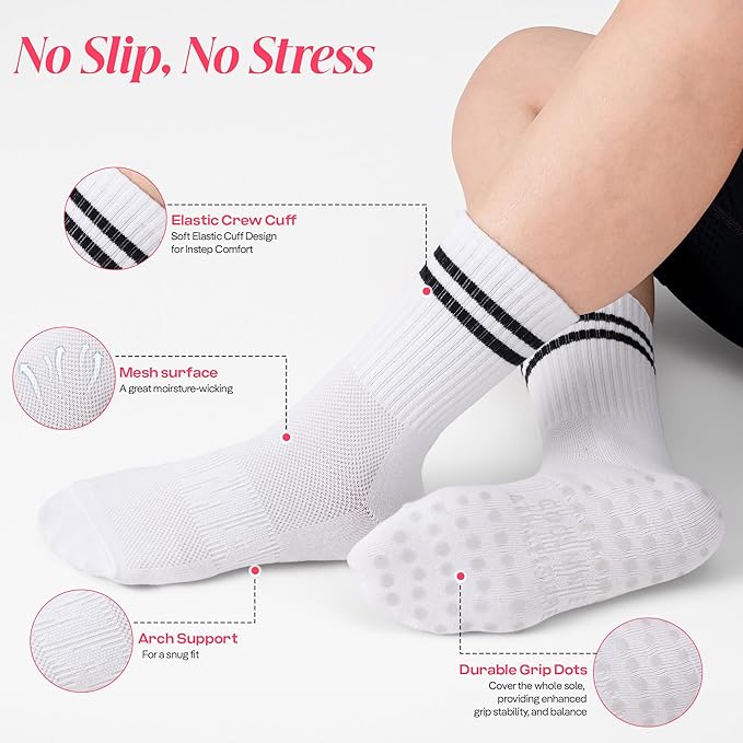 CoolMate Pilates Socks with Grips for Women, Yoga Socks, Crew Non Slip Women for Barre, Pilates Gifts for Women