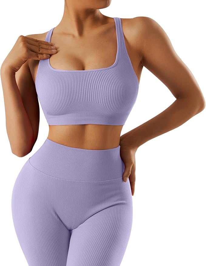 RXRXCOCO Ribbed Workout Sets for Women 2 Piece Backless Strappy Sports Bra Seamless Leggings Matching Set Yoga Outfits