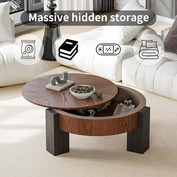 33'' Round Coffee Table with Hidden Storage, Modern Wood Veneer Top, 3 Block Legs Sturdy Center Accent Table for Living Room, Small Space, Walnut & Black
