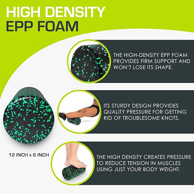 ProsourceFit High Density Foam Rollers 12 - inches long, Firm Full Body Athletic Massage Tool for Back Stretching, Yoga, Pilates, Post Workout Muscle Recuperation, Black/Green