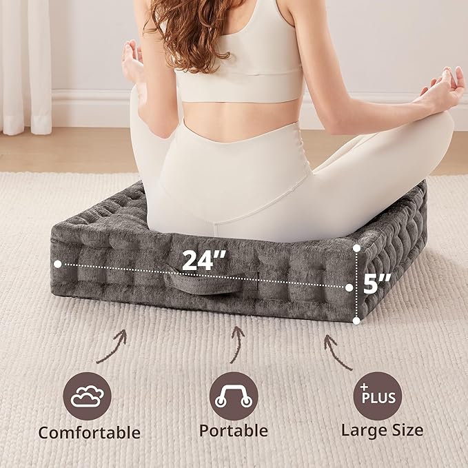 Intelligent Design Large Floor Pillow for Adults Yoga or Meditation Cushion with Handle, Floor Cushion for Board Games, Lustrous Chenille Tufted, Handsewn Scalloped Edge, Azza, 24" x 24" x 5" Charcoal