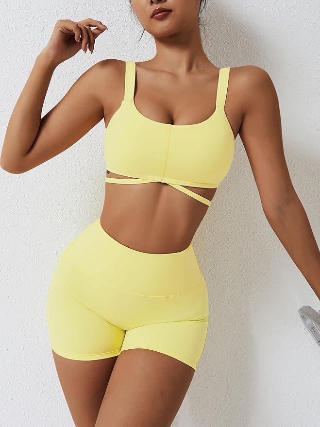 ABOCIW Workout Sets for Women 2 Piece Twist Front Halter Sports Bras High Waist Biker Shorts Exercise Gym Yoga Outfit