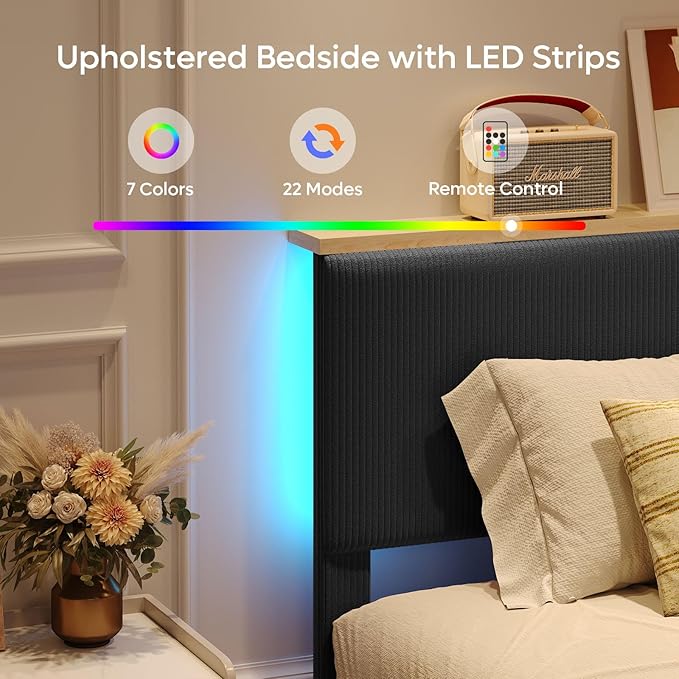 Bestier Queen Bed Frame with Adjustable Headboard & LED Lighting, Corduroy Upholstered Platform Bed Frame with Storage Shelf, Solid Wood Slats, No Box Spring Needed, Never Squeak, Easy Assembly, Black
