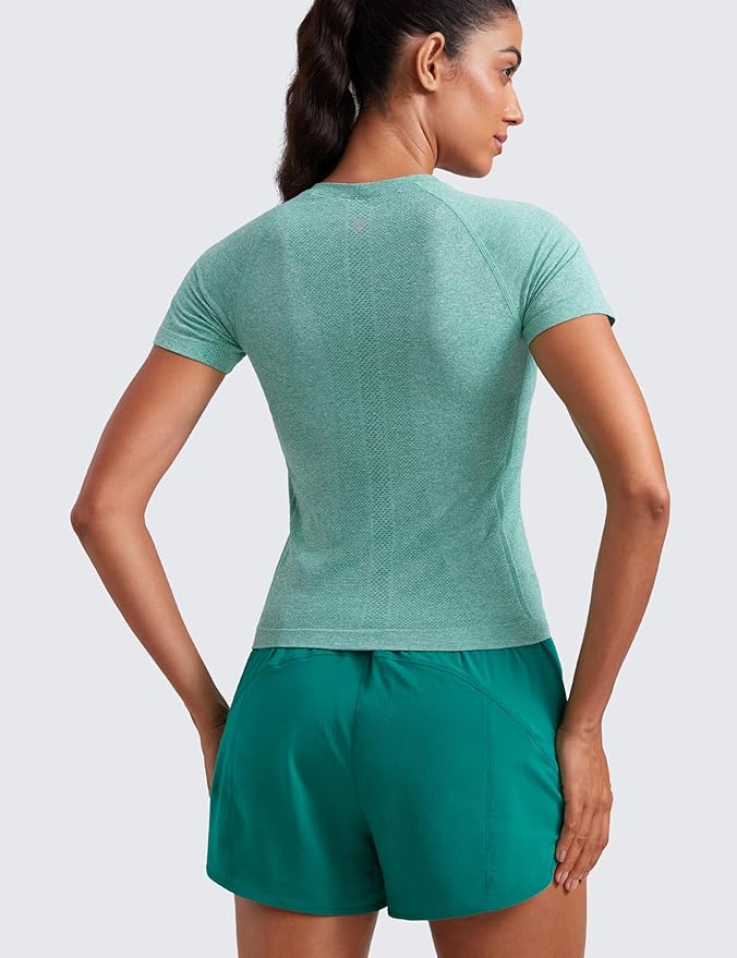 CRZ YOGA Seamless Workout Tops for Women Waist Length - Running Gym Athletic Yoga Short Sleeve Shirts Breathable Crewneck
