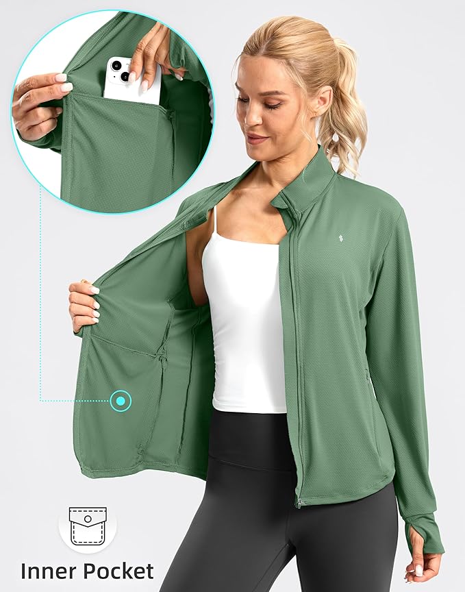 Soothfeel Women's UPF 50+ Lightweight Athletic Jackets Sun Protection Zip Up Long Sleeve Shirts Hiking Workout Outdoor Pocket
