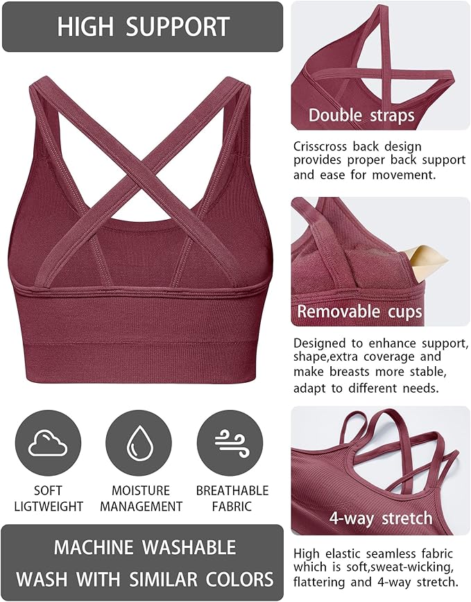 Sports Bras for Women HIigh Support, Criss-Cross Back Padded Strappy High Impact Sports Bras for Women Large Bust