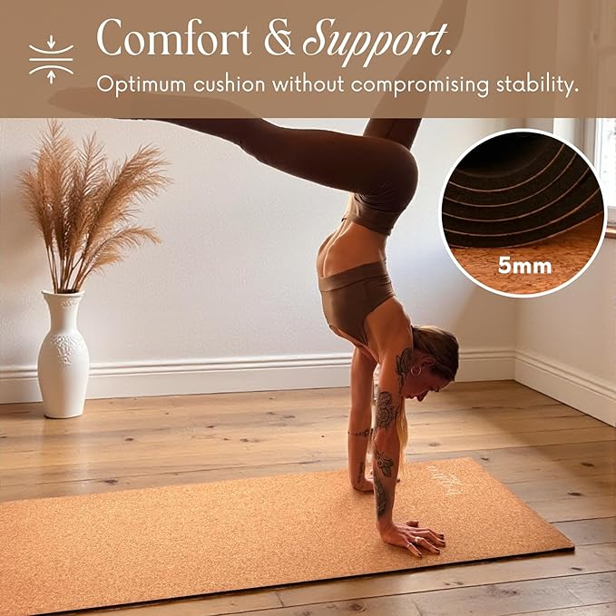 Deluxe Cork Yoga Mat – Gold, Coffee or Vegan Leather Cork Surface & Natural Rubber Base – Premium Natural & Eco Friendly Materials – Includes Signature Handmade Boho Bag