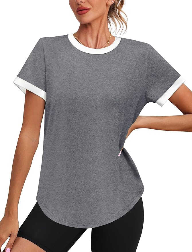Womens Workout Tops Summer Short Sleeve Shirts Athletic Color Block Gym Clothes Outfits Sun Protection UPF 50+ T Shirts