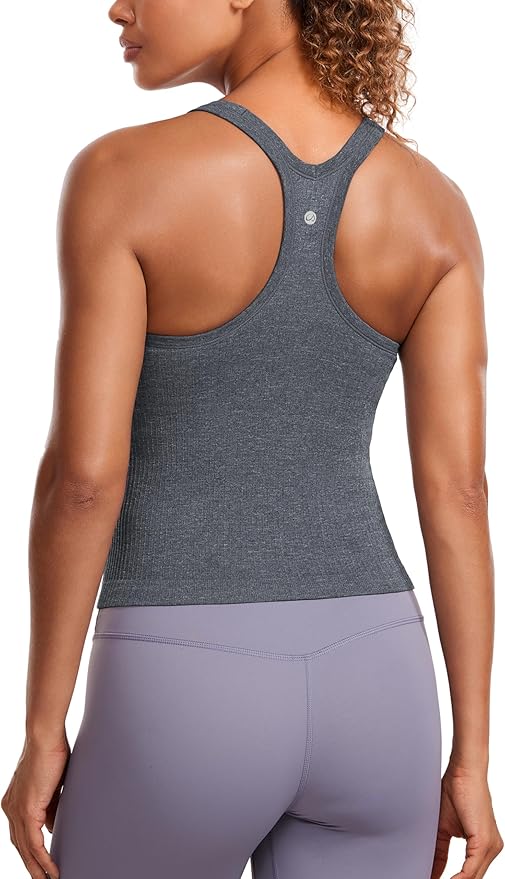 CRZ YOGA Seamless Ribbed Scoop Neck Tank Top for Women - Workout Racerback Padded Athletic Camisole with Built in Bra