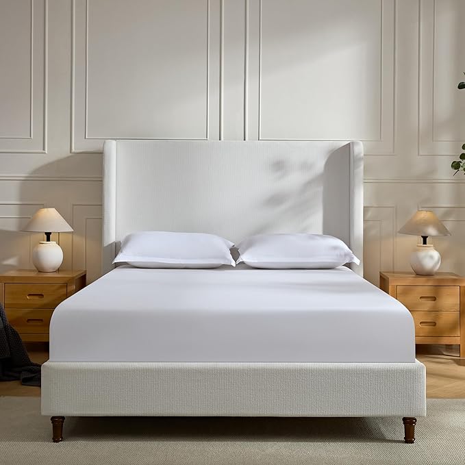 Upholstered Bed Frame King Size, 54" Tall Headboard Wingback Upholstered Platform Bed Frame for Adults Bedroom Strong Wood Slats Support/No Box Spring Needed/Easy Assembly, Cream White