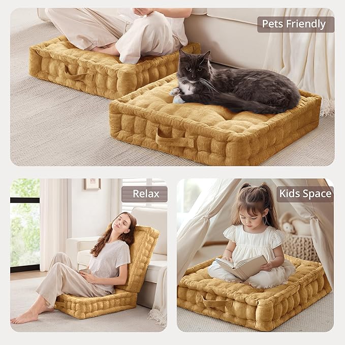 Intelligent Design Large Floor Pillow for Adults Yoga or Meditation Cushion with Handle, Floor Cushion for Board Games, Lustrous Chenille Tufted, Handsewn Scalloped Edge, Azza, 24" x 24" x 5" Yellow