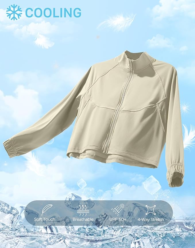 Soothfeel Women's Athletic workout Jacket Lightweight UPF 50+ Long Sleeve Sun Protection Shirts Zip Up Cropped Hiking Tops