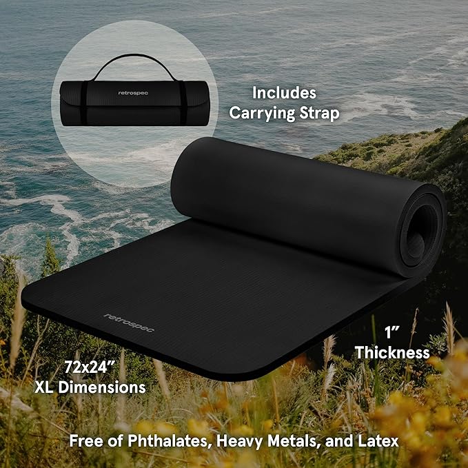 Retrospec Solana Yoga Mat 1" Thick w/Nylon Strap for Men & Women - Non Slip Exercise Mat for Home Yoga, Pilates, Stretching, Floor & Fitness Workouts