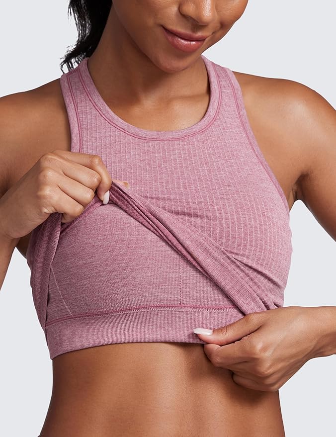 CRZ YOGA Seamless Ribbed High Neck Crop Tank Tops for Women - Longline Racerback Padded Sports Bras