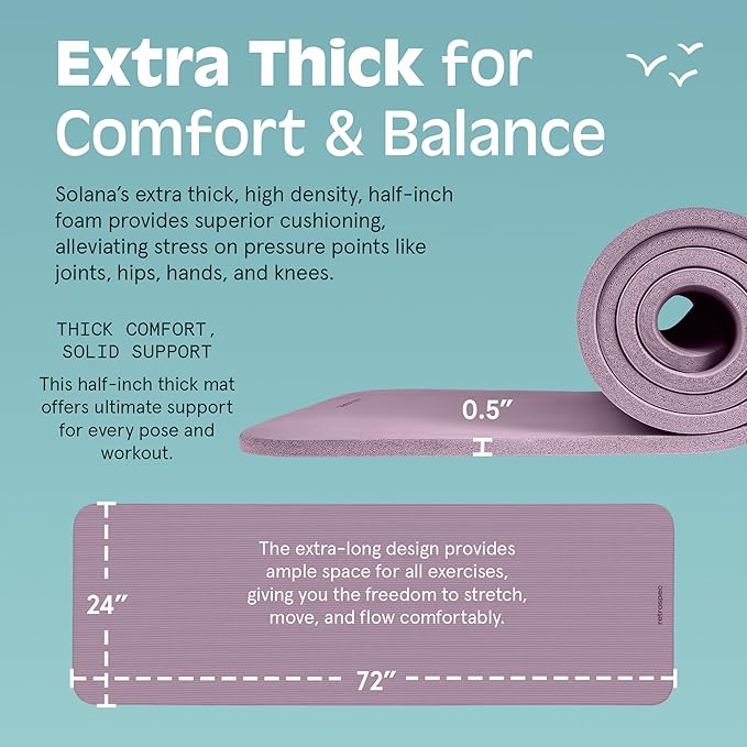 Retrospec Solana Yoga Mat Thick 1/2in Non-Slip Workout Mat with Nylon Strap - 72x24in Exercise Mat for Pilates, Stretching & Fitness - BPA Free, Easy Clean