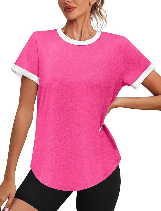 Womens Workout Tops Summer Short Sleeve Shirts Athletic Color Block Gym Clothes Outfits Sun Protection UPF 50+ T Shirts