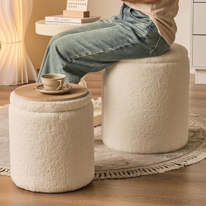 BLEXA Round Ottoman with Storage Set of 2-Upholstered Sherpa Vanity Stool for Makeup Multifunctional Ottomans Coffee Table Padded Seat Foot Rest for LivingRoom&Bedroom(Sherpa White)
