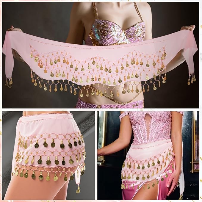 Belly Dance Hip Scarf Belly Dance Skirt 3-Layer Gold Sequins and Coins, Suitable for Yoga, Belly Dance, Performance