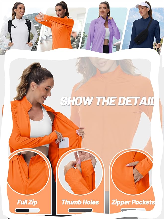 TACVASEN Women's Athletic Jackets Lightweight UV Protection Shirts Full Zip Workout Jacket UPF 50+ Long Sleeve Sun Shirt