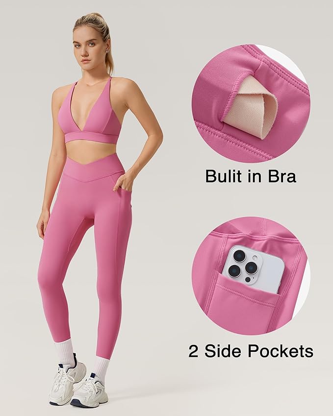 RXRXCOCO 2 Piece Workout Sets for Women Strappy Sports Bra Booty Leggings with Pockets Yoga Gym Outfits