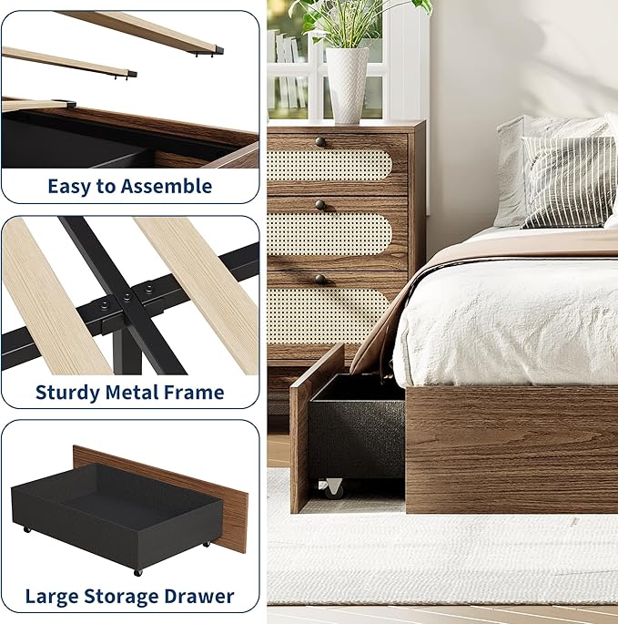 GarveeHome King Size Wood Platform Bed Frame with 2 Storage Drawers, Wooden Bed Frame Without Headboard, Wood Slat Support, No Box Spring Needed, Easy Assembly