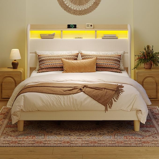 Bestier King Size Upholstered Wingback Bed Frame with 51” High Headboard Corduroy Fabric RGB LED Lights, Charging Station Dual Storage Shelves Modern Off White Platform Bed No Box Spring Needed | King Bed Frame