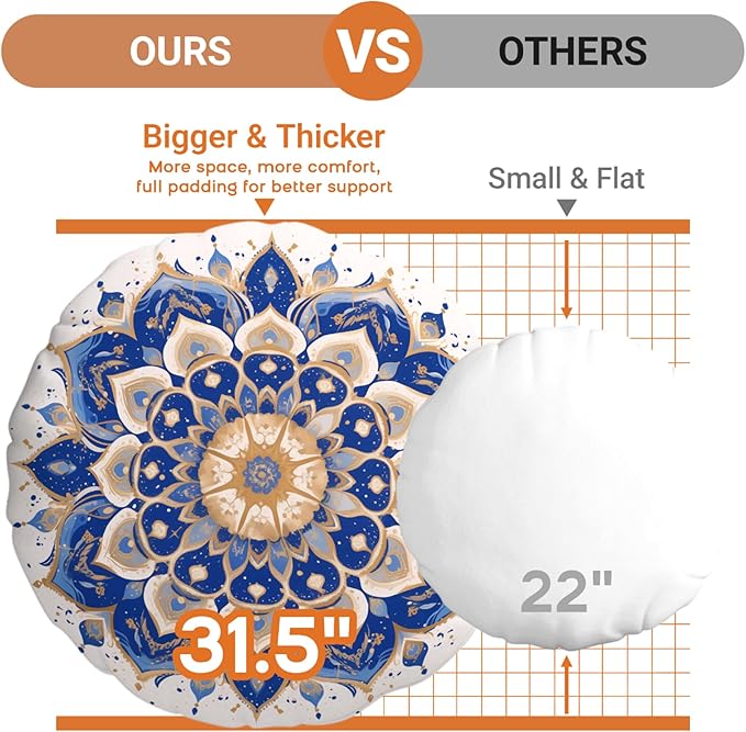 Meditation Cushion 32 Inch Round, Extra Thick Memory Foam Floor Pillow with Removable Washable Cover, Bohemian Mandala Yoga Cushion for Adults - Ideal Gift & Holiday Decor, Blue