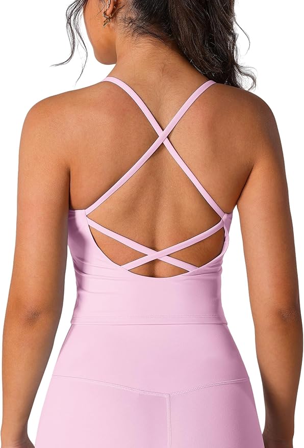 ABOCIW Womens Cross Back Workout Crop Tank with Built in Bra V Neck Longline Sports Bra Gym Shirt Yoga Pilates Top