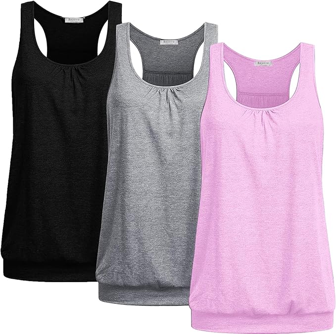 Beyove 3 Pack Banded Bottom Workout Tops for Women Tummy Flattering Yoga Tank Tops Plus Size Racerback Athletic Gym Shirts