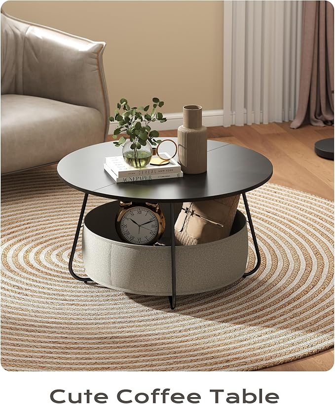 Manora Small Round Coffee Table for Living Room, Modern Center Table with Fabric Basket Storage, Cute Circle Table for Small Spaces, Metal Frame, Espresso