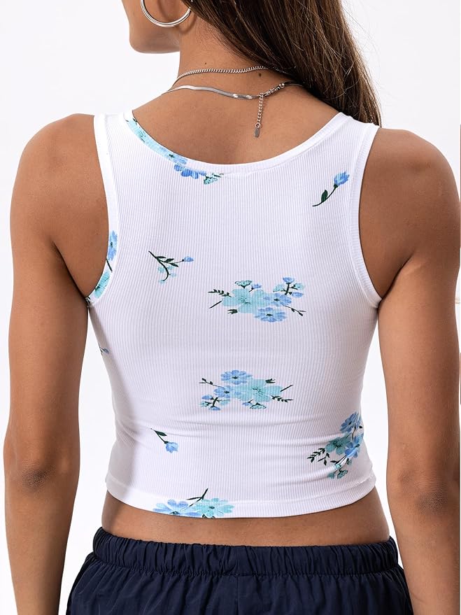 Danysu Women Rib Tank Top Padded Workout Top Square Neck Crop Tank Fitted Basic Cami Tops