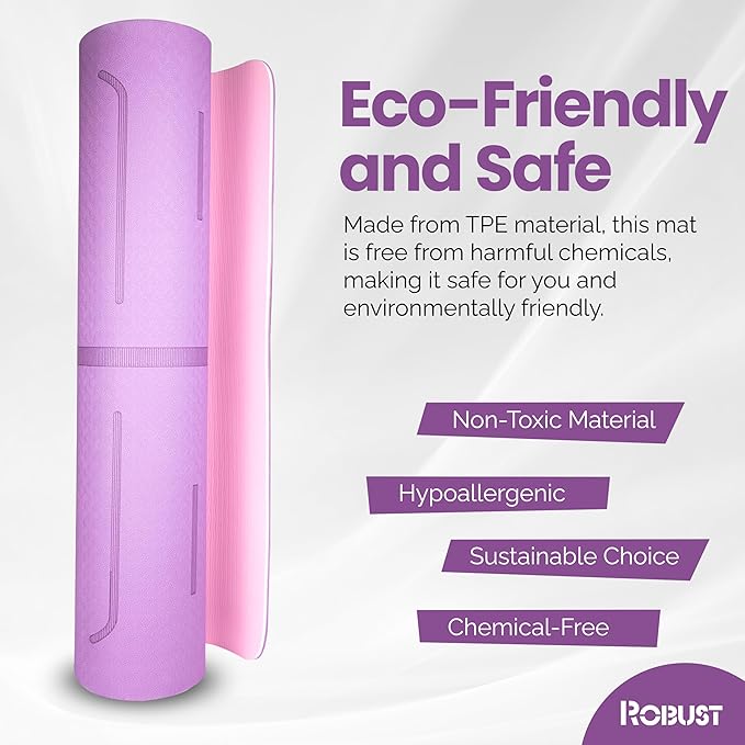 Robust Extra Thick Yoga Mat 1/4 & 1/3 & 2/5 Inch - Non Slip Exercise Mat with Alignment Lines, Carrying Strap, TPE Eco-Friendly Material for Knee Support, Sweat-Proof 72" x 24" for Women & Men