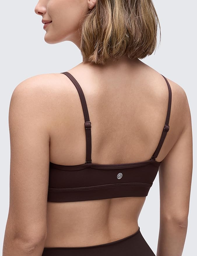 CRZ YOGA Butterluxe V-Neck Sports Bras for Women - Adjustable Thin Straps Padded Yoga Top Basic Wireless Camisole