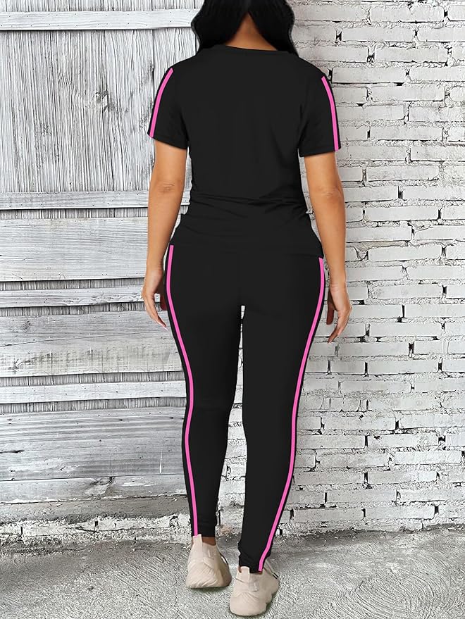Women's 2 Piece Outfits Sweatsuit Summer Workout Striped Short Sleeve Long Sweatpants Casual Jogging Lounge Set