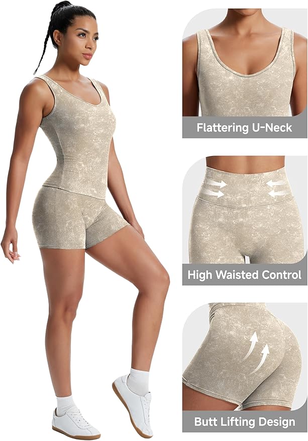 Alaroo Workout Sets for Women 2 Piece U Neck Crop Tank Top High Waisted Shorts Athletic Gym Yoga Outfits Activewear