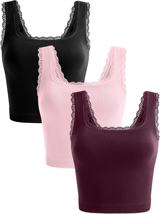 OLCHEE Womens 3 Pack Crop Tank Tops Basic Seamless Ribbed Sleeveless Square Neck Workout Top Summer Exercise Yoga Gym Shirts