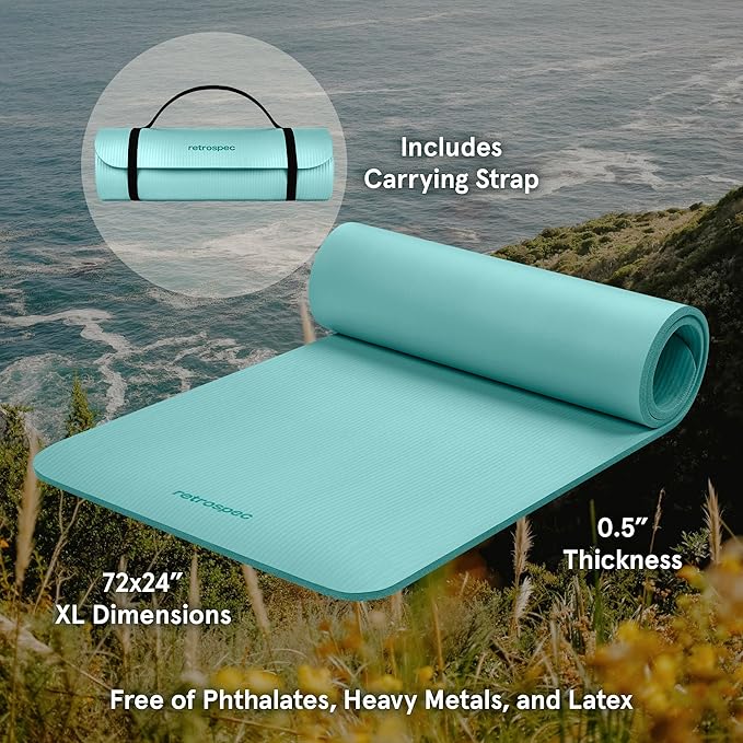 Retrospec Solana Yoga Mat Thick 1/2in Non-Slip Workout Mat with Nylon Strap - 72x24in Exercise Mat for Pilates, Stretching & Fitness - BPA Free, Easy Clean