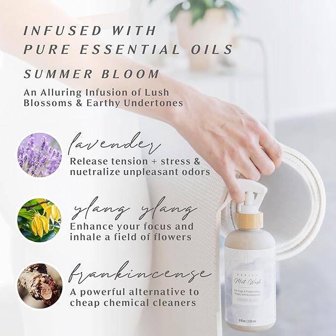 Organic Yoga Mat Cleaner Spray | 8oz Summer Bloom with Microfiber Cloth | Made in the USA | Safely and Effectively Cleans All Mats and Pilates + Yoga Accessories