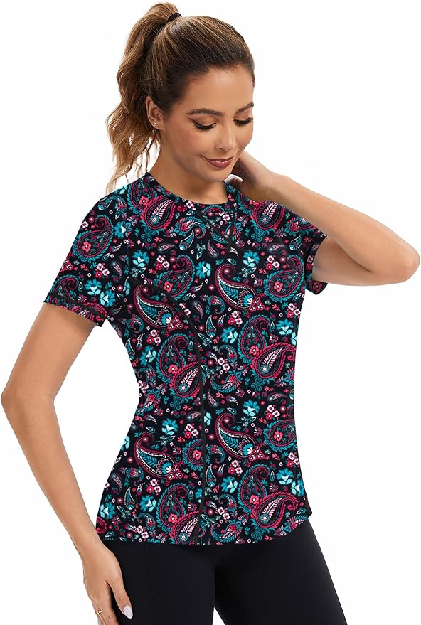 AVOOGUE Women's Short Sleeve Workout Tops Quick Dry Athletic UPF50+ Sun Protection Shirts Gym Hiking Running Yoga Clothes
