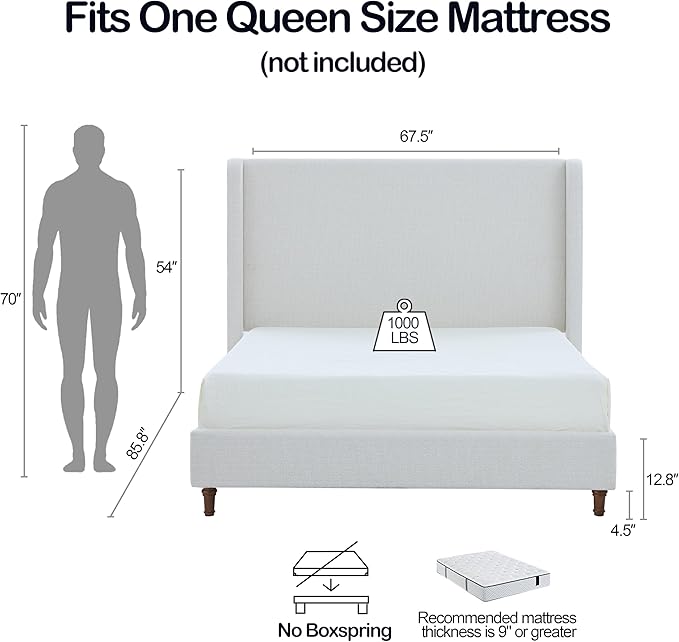 Upholstered Bed Frame Queen Size, 54" Tall Headboard Curved Wingback Platform Bed Frame/Elegant Boucle Bed Frame for Bedroom/ Wood Slats Support/No Box Spring Needed/Easy Assembly/Cream White Boucle