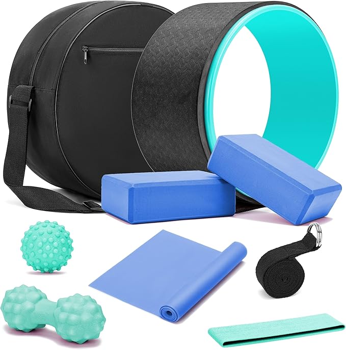 All in One Yoga Wheel Set, Soft Foam Roller Wheel for Back Pain & Stretching, Yoga Blocks 2 Pack with Strap, Trigger Point Therapy Massage Ball for Deep Tissue, Yoga Starter Kit for Beginner