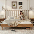 Wood King Size Bed Frame with Upholstered Tufted Headboard, Solid Wood Platform Bed,Mid-Century Style,No Box Spring Required, Easy Assembly,Wheat