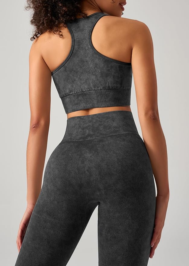 OLCHEE Womens Workout Sets 2 Piece - Acid Wash Seamless Yoga Outfits High Waist Leggings Padded Racerback Sports Bra Gym Set