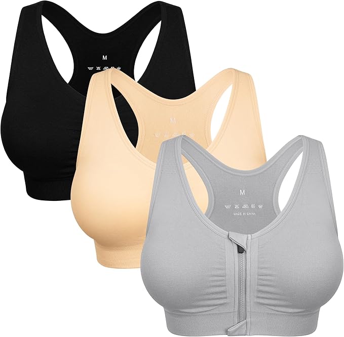 Women's Zip Front Sports Bra Wireless Post-Surgery Bra Active Yoga Sports Bras