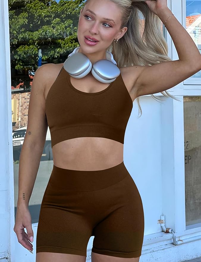 OLCHEE Workout Sets for Women 2 Piece Backless Halter Sports Bra High Waist Booty Shorts Yoga Gym Outfits Lounge Activewear