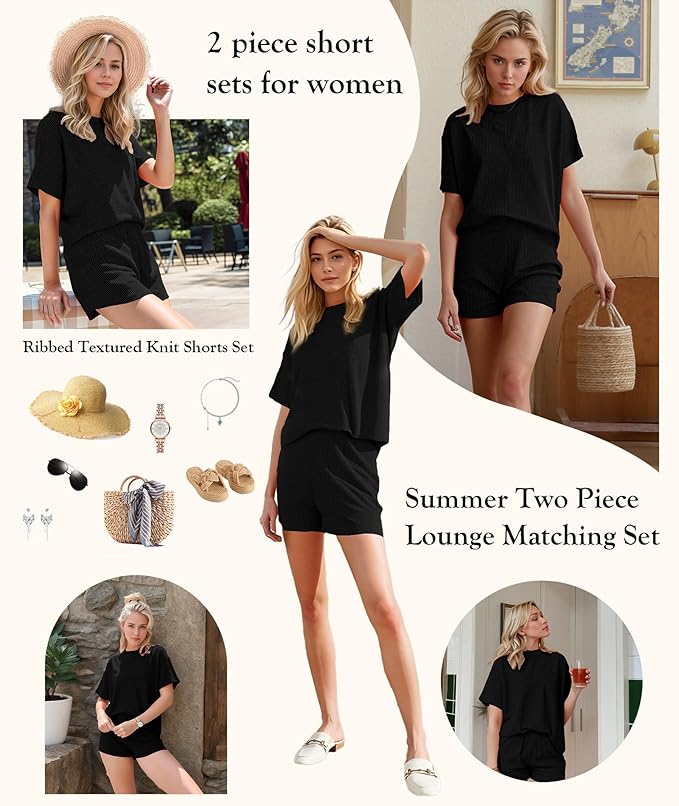 MARZXIN Women 2 Piece Shorts Set 2026 Casual Summer Cruise Outfits Ribbed Loose Short Sleeve Pocket Matching Lounge Sets