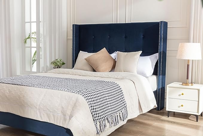 Upholstered Bed Frame, 54" Tall Headboard Wingback Upholstered Platform Bed Frame for Kids Teens Adults Bedroom Strong Wood Slats Support/No Box Spring Needed (Blue, Queen)